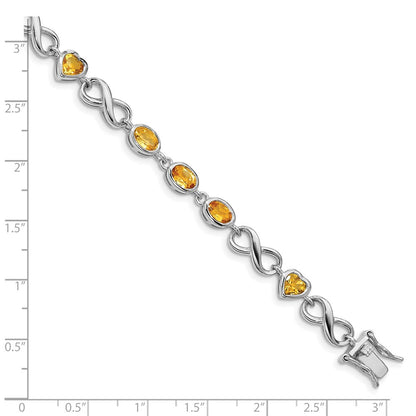 7.75 Inch Sterling Silver Rhodium-Plated Oval Heart Citrine Bracelet