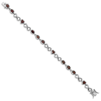 7 Inch Sterling Silver Rhodium-Plated Oval Heart Garnet Bracelet