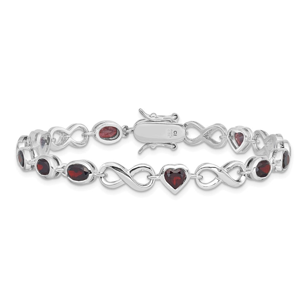 7 Inch Sterling Silver Rhodium-Plated Oval Heart Garnet Bracelet