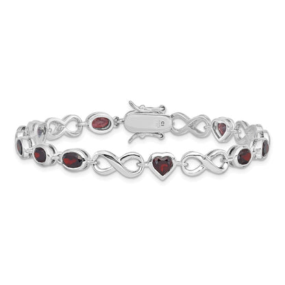 7 Inch Sterling Silver Rhodium-Plated Oval Heart Garnet Bracelet