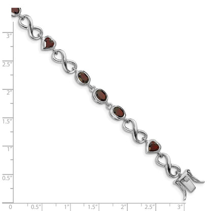 7 Inch Sterling Silver Rhodium-Plated Oval Heart Garnet Bracelet