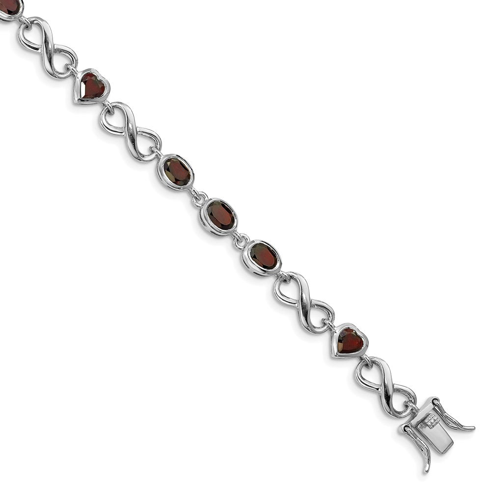 7 Inch Sterling Silver Rhodium-Plated Oval Heart Garnet Bracelet