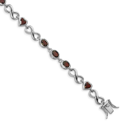 7 Inch Sterling Silver Rhodium-Plated Oval Heart Garnet Bracelet