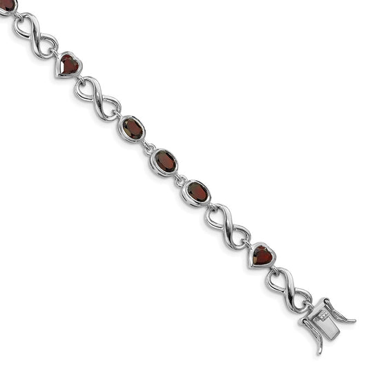 7 Inch Sterling Silver Rhodium-Plated Oval Heart Garnet Bracelet
