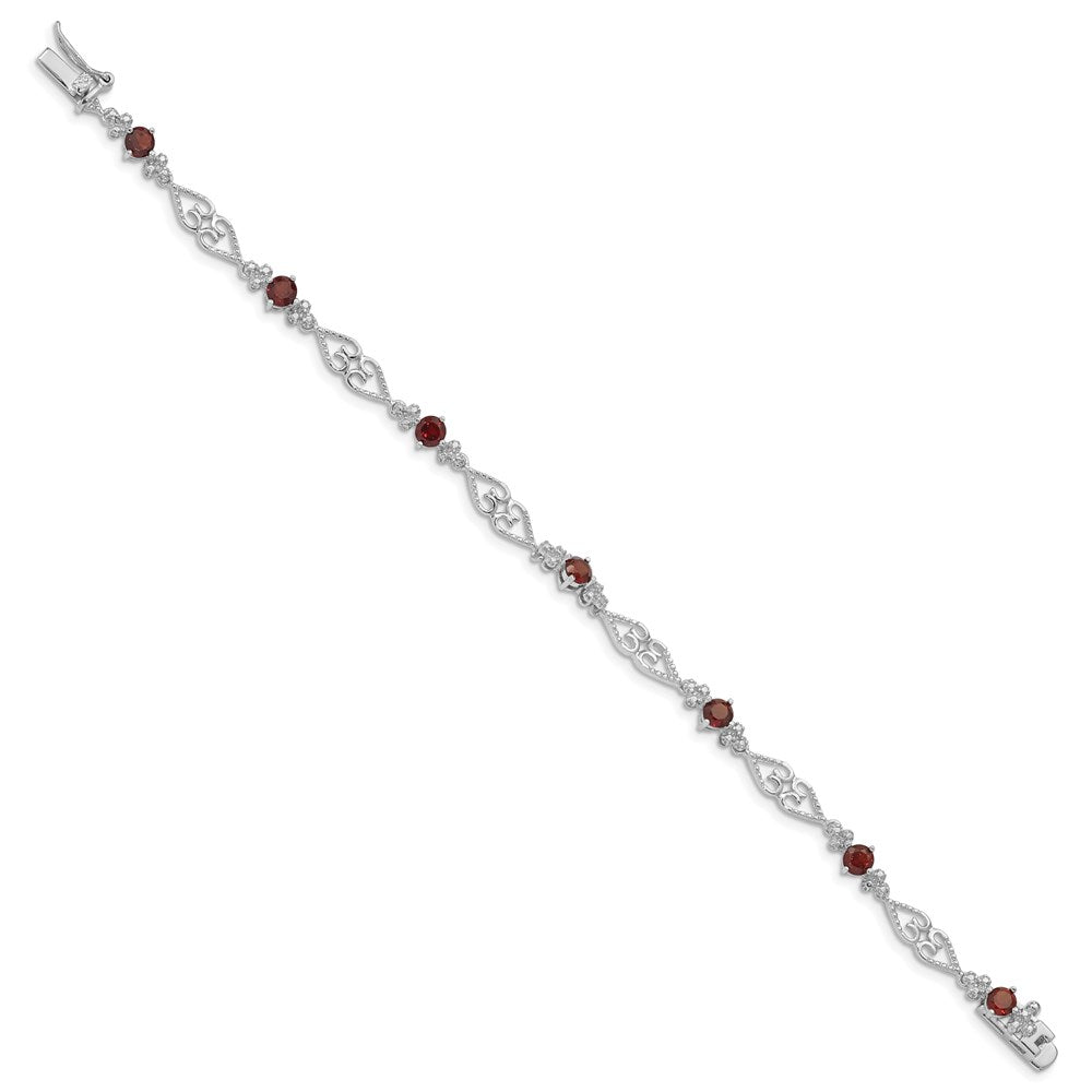 7 Inch Sterling Silver Rhodium-Plated Diamond Garnet Bracelet