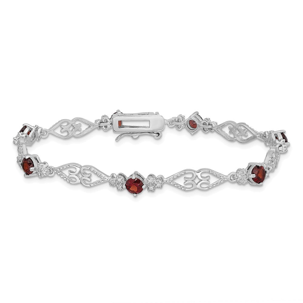 7 Inch Sterling Silver Rhodium-Plated Diamond Garnet Bracelet