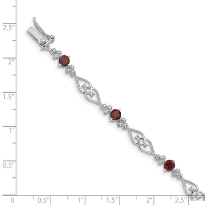 7 Inch Sterling Silver Rhodium-Plated Diamond Garnet Bracelet