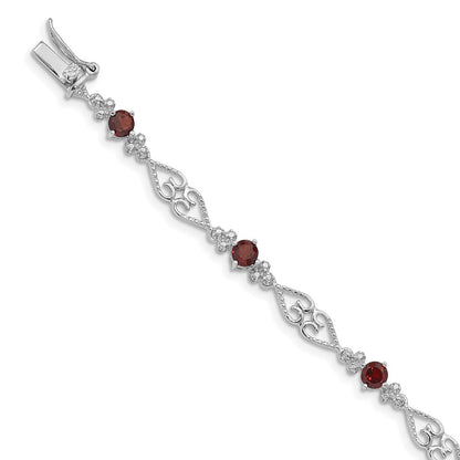 7 Inch Sterling Silver Rhodium-Plated Diamond Garnet Bracelet