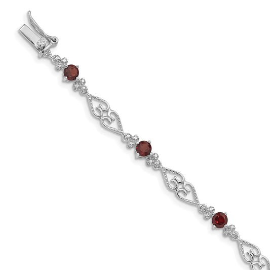 7 Inch Sterling Silver Rhodium-Plated Diamond Garnet Bracelet