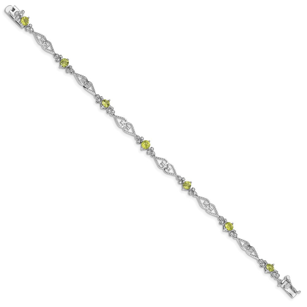 7 Inch Sterling Silver Rhodium-Plated Diamond Peridot Bracelet