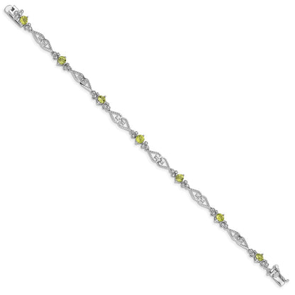 7 Inch Sterling Silver Rhodium-Plated Diamond Peridot Bracelet