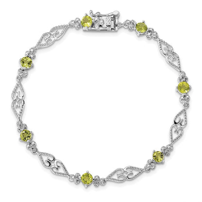 7 Inch Sterling Silver Rhodium-Plated Diamond Peridot Bracelet