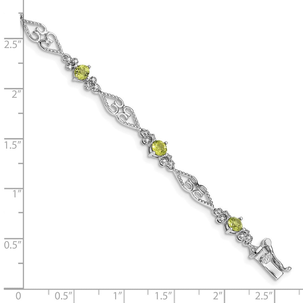 7 Inch Sterling Silver Rhodium-Plated Diamond Peridot Bracelet