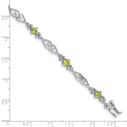 7 Inch Sterling Silver Rhodium-Plated Diamond Peridot Bracelet
