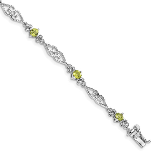 7 Inch Sterling Silver Rhodium-Plated Diamond Peridot Bracelet
