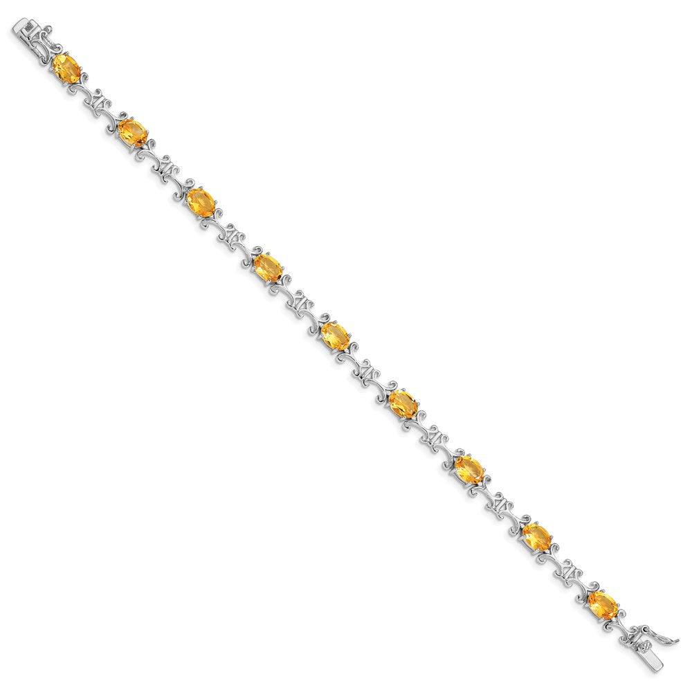 7 Inch Sterling Silver Rhodium-Plated Citrine Oval Bracelet