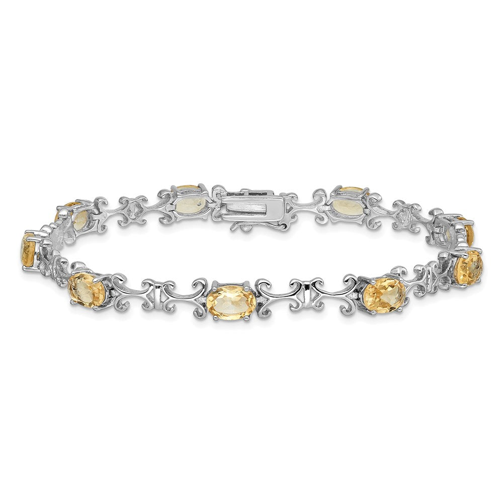 7 Inch Sterling Silver Rhodium-Plated Citrine Oval Bracelet