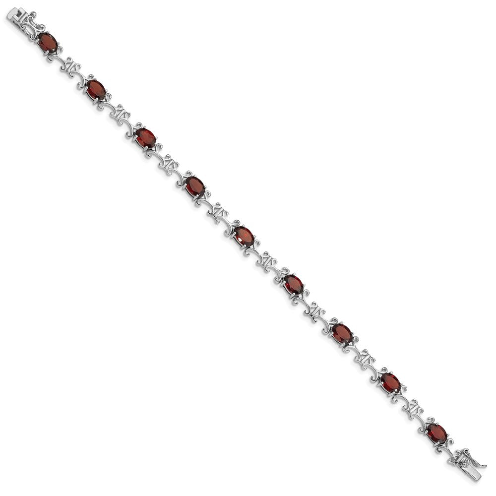 7 Inch Sterling Silver Rhodium-Plated Garnet Oval Bracelet