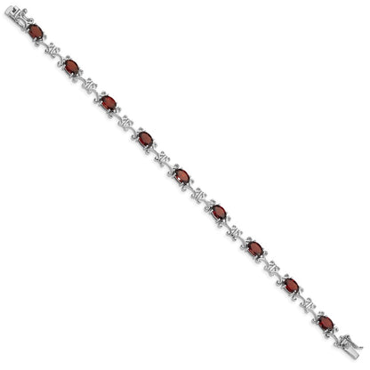 7 Inch Sterling Silver Rhodium-Plated Garnet Oval Bracelet
