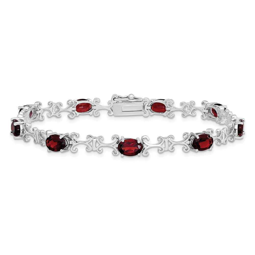 7 Inch Sterling Silver Rhodium-Plated Garnet Oval Bracelet