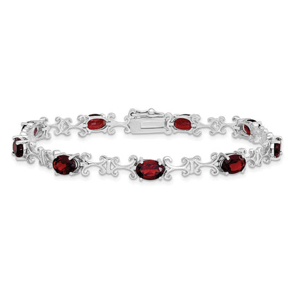 7 Inch Sterling Silver Rhodium-Plated Garnet Oval Bracelet