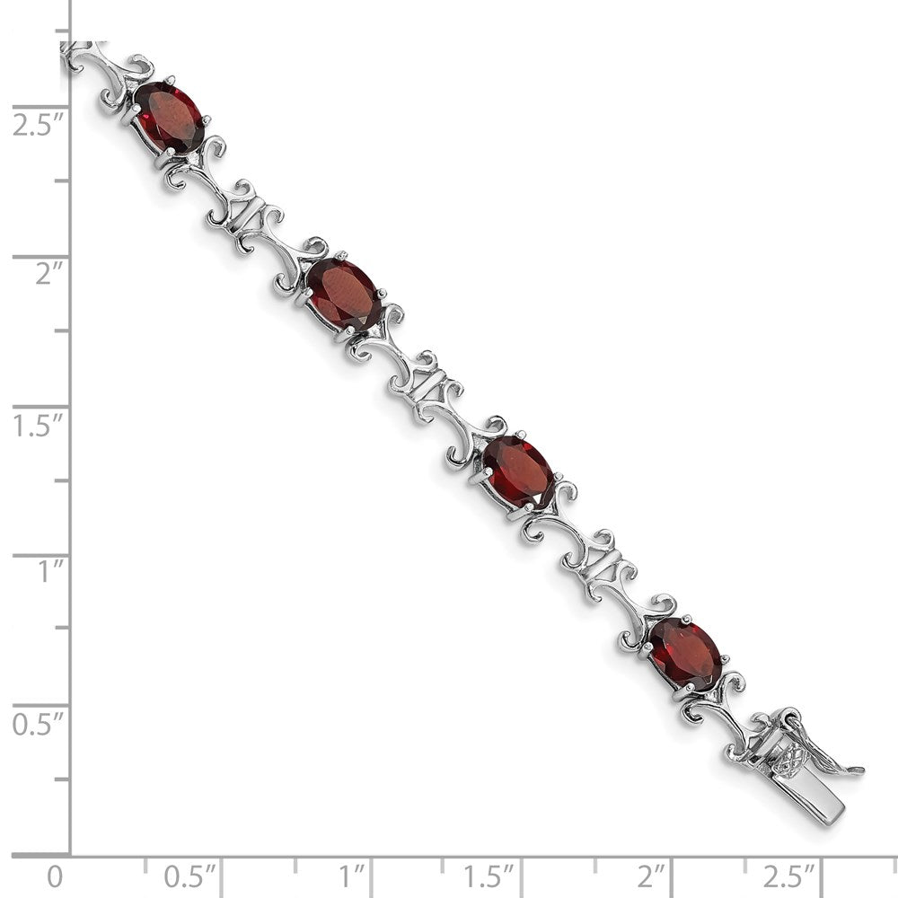 7 Inch Sterling Silver Rhodium-Plated Garnet Oval Bracelet