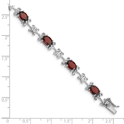 7 Inch Sterling Silver Rhodium-Plated Garnet Oval Bracelet