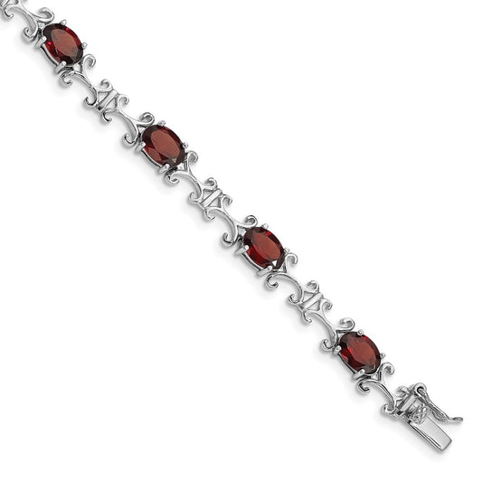7 Inch Sterling Silver Rhodium-Plated Garnet Oval Bracelet