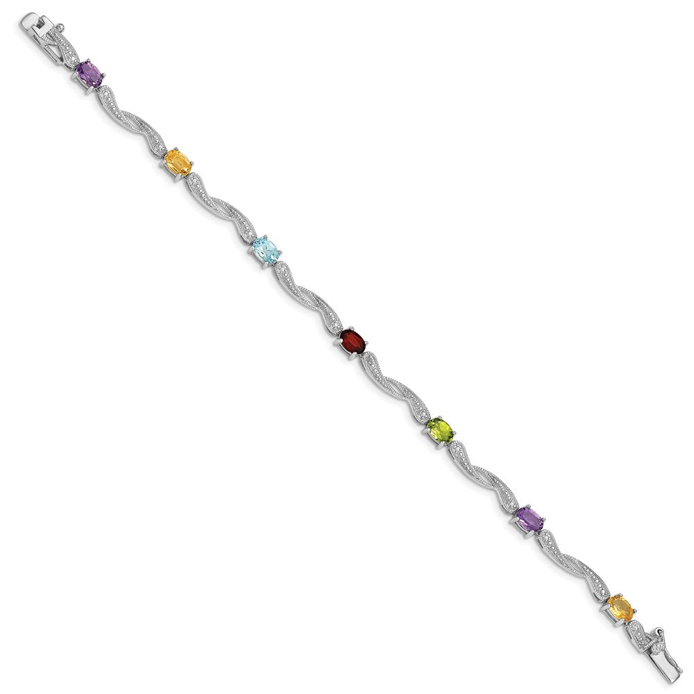7 Inch Sterling Silver Rhodium-Plated Diamond Multi-Colored Gemstone Bracelet