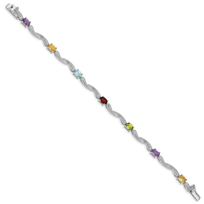 7 Inch Sterling Silver Rhodium-Plated Diamond Multi-Colored Gemstone Bracelet