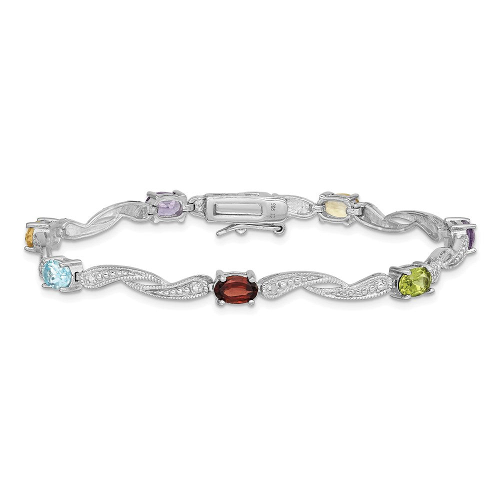 7 Inch Sterling Silver Rhodium-Plated Diamond Multi-Colored Gemstone Bracelet