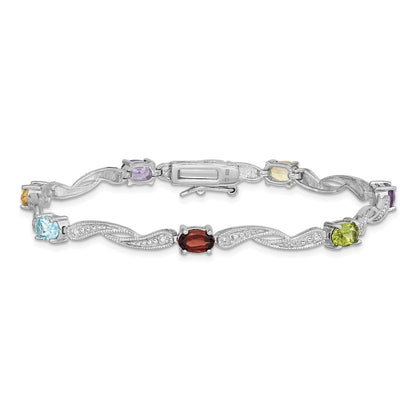 7 Inch Sterling Silver Rhodium-Plated Diamond Multi-Colored Gemstone Bracelet
