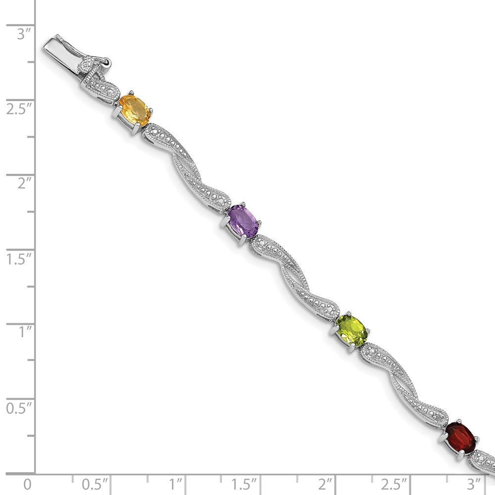 7 Inch Sterling Silver Rhodium-Plated Diamond Multi-Colored Gemstone Bracelet