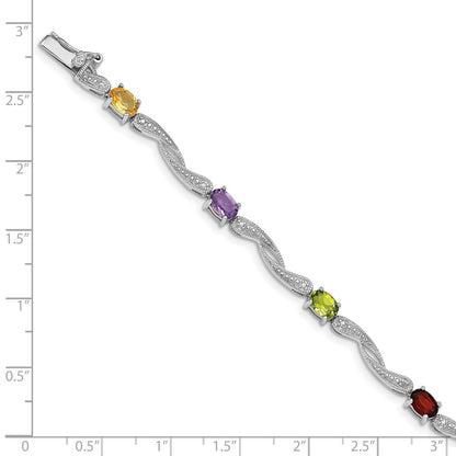 7 Inch Sterling Silver Rhodium-Plated Diamond Multi-Colored Gemstone Bracelet