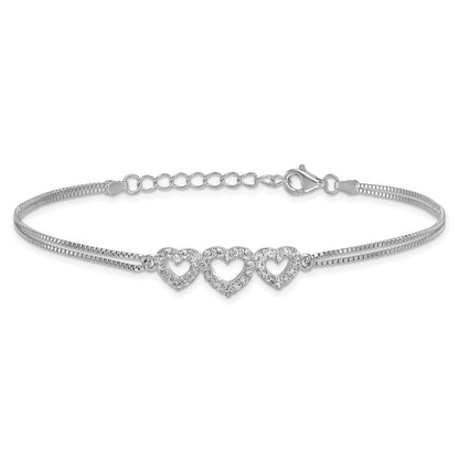 Sterling Silver Rhodium-Plated Polished Three Linked Cz Open Hearts 7 Inch Bracelet With 1 Extension
