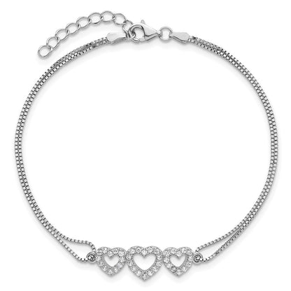 Sterling Silver Rhodium-Plated Polished Three Linked Cz Open Hearts 7 Inch Bracelet With 1 Extension