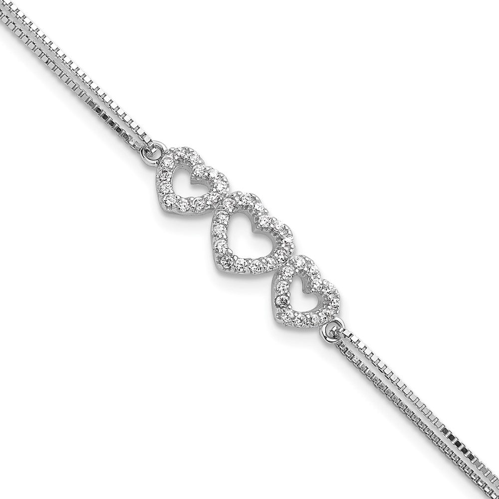 Sterling Silver Rhodium-Plated Polished Three Linked Cz Open Hearts 7 Inch Bracelet With 1 Extension