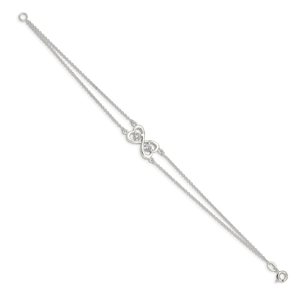 7.5 Inch Sterling Silver Polished Cz Heart Two-Strand Bracelet