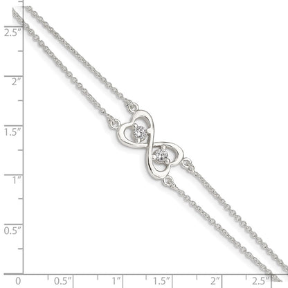 7.5 Inch Sterling Silver Polished Cz Heart Two-Strand Bracelet