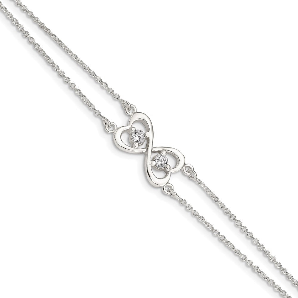 7.5 Inch Sterling Silver Polished Cz Heart Two-Strand Bracelet