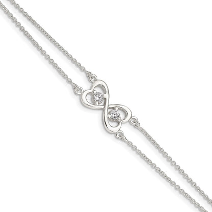 7.5 Inch Sterling Silver Polished Cz Heart Two-Strand Bracelet