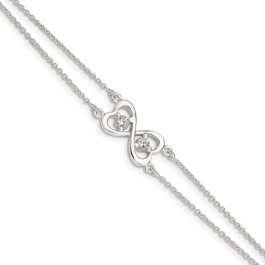 7.5 Inch Sterling Silver Polished Cz Heart Two-Strand Bracelet
