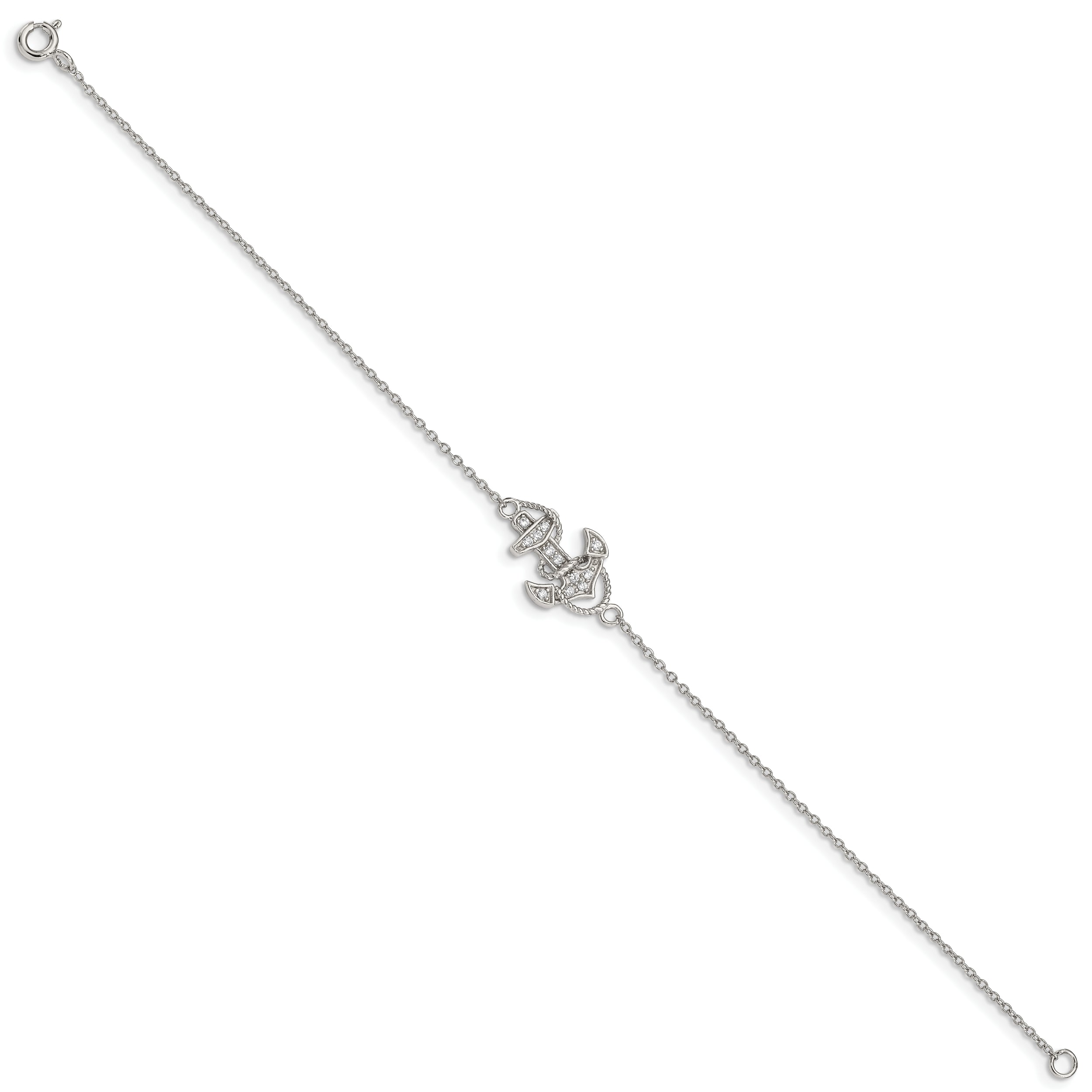 Sterling Silver Rhodium-Plated Polished Cz Anchor 7 Inch Bracelet