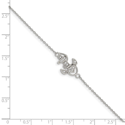 Sterling Silver Rhodium-Plated Polished Cz Anchor 7 Inch Bracelet