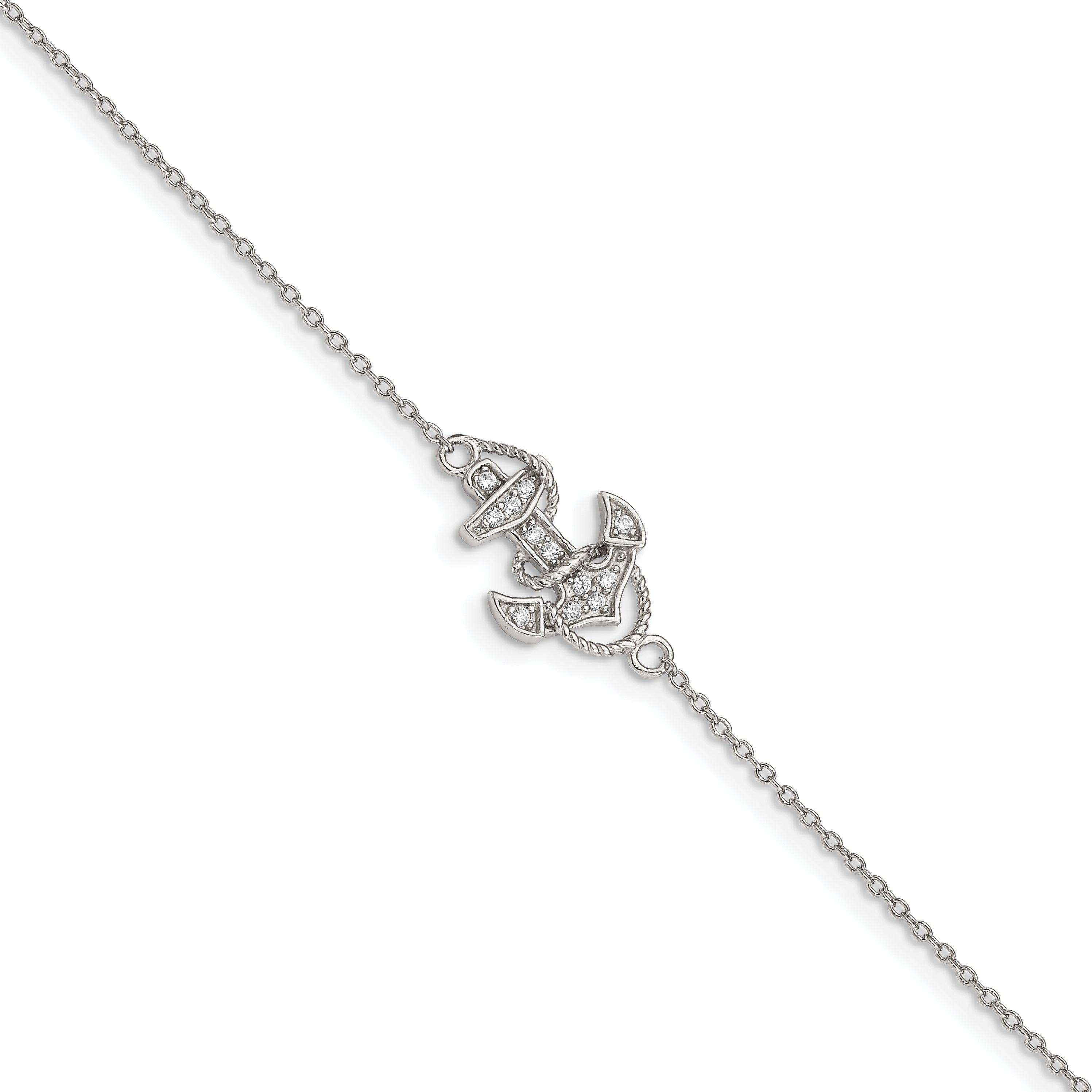 Sterling Silver Rhodium-Plated Polished Cz Anchor 7 Inch Bracelet