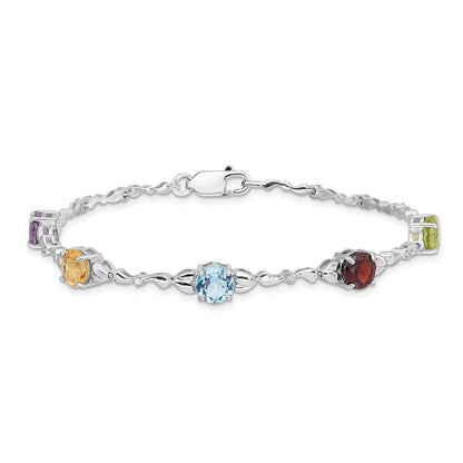 Sterling Silver Rhodium-Plated Multi Gemstone & Diamond Bracelet