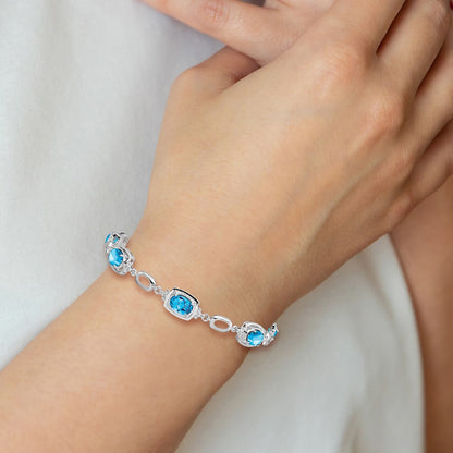 Sterling Silver Rhodium-Plated Light Swiss Blue Topaz Link Bracelet