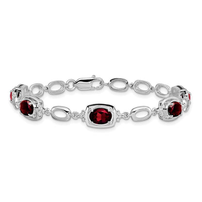 Sterling Silver Rhodium-Plated Garnet Link Bracelet