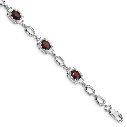 Sterling Silver Rhodium-Plated Garnet Link Bracelet