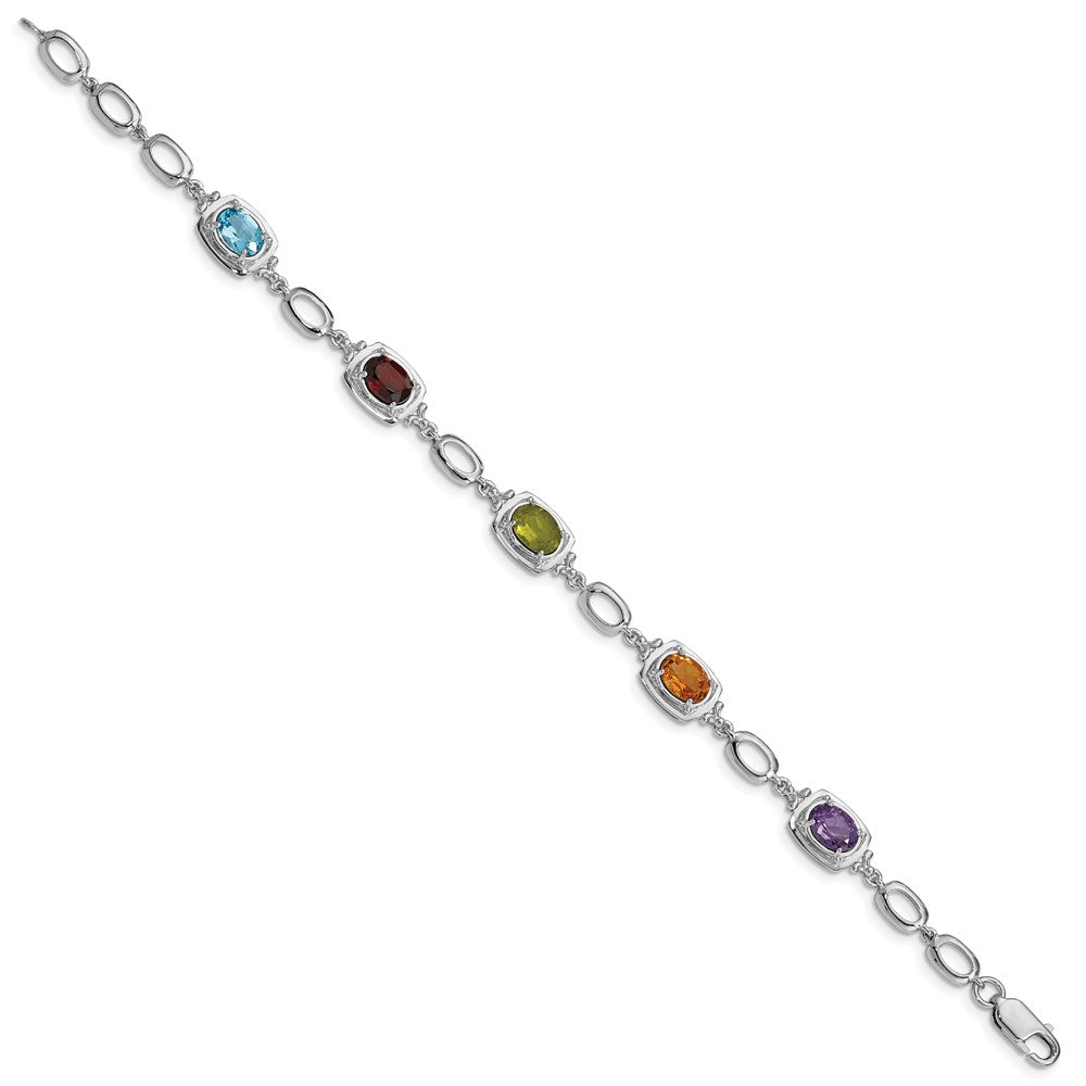 Sterling Silver Rhodium-Plated Multi Gemstone Link Bracelet